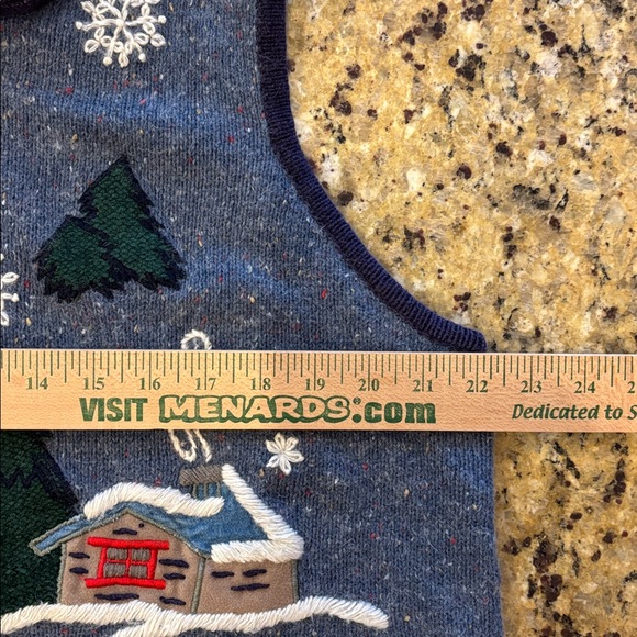 Vintage Victoria Jones Sweater Vest Ramie Angora Winter Cabin Snowman Fishing XL - Picture 6 of 7
